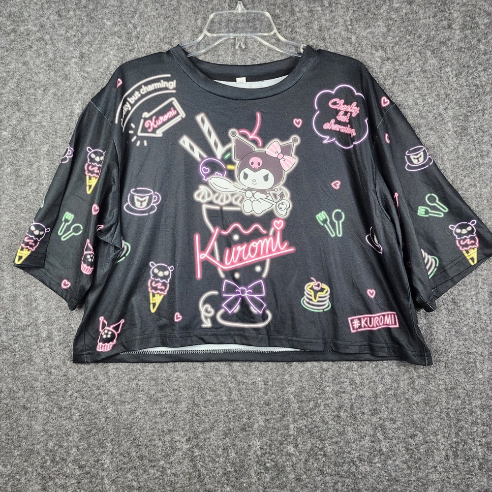 Kuromi Sanrio Crop Top Kids XXL Black Neon Graphic Tee Condition All Over Print